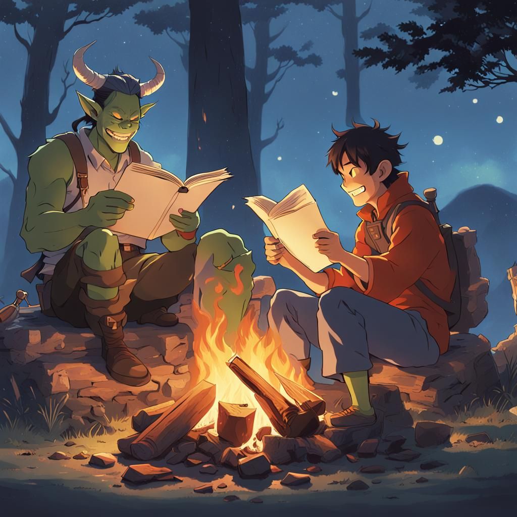 Orc and Tiefling Campfire Scene in Anime Style