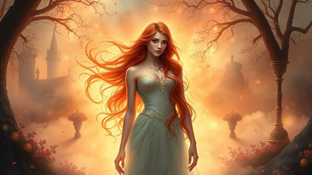 Ethereal Goddess with Red Hair in Magical Mist