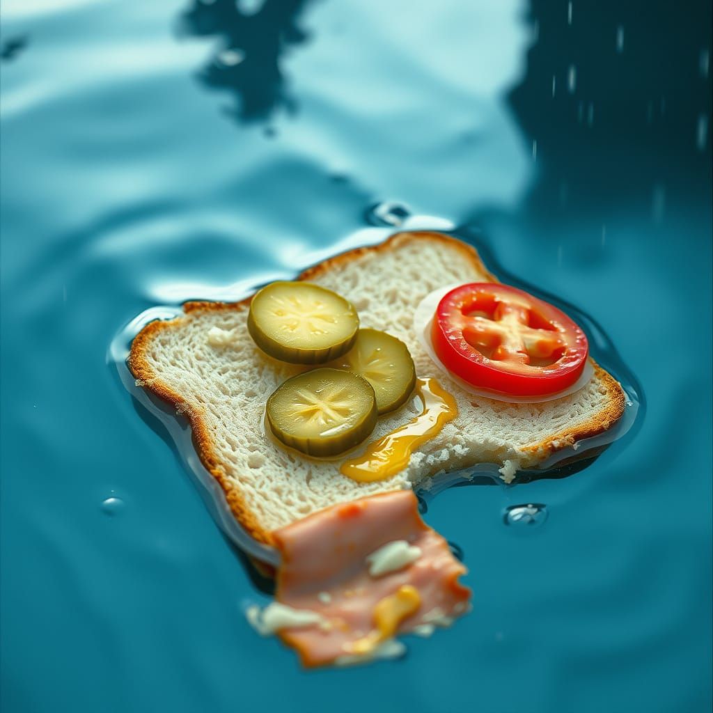 Floating Sandwich Slice in Rainy Pool: Cinematic Still