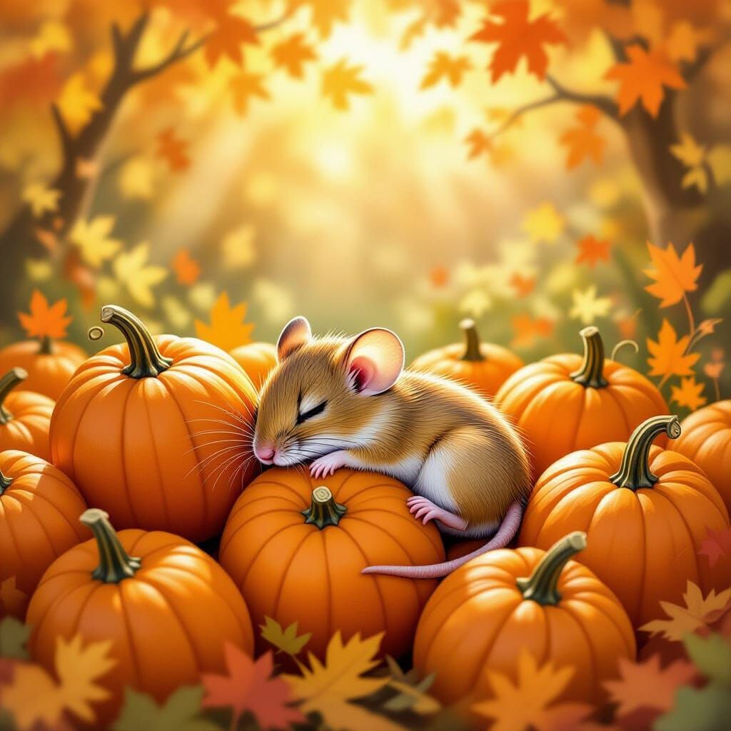 Tiny Mouse Sleeping on Vibrant Pumpkins in Autumn Sunlight