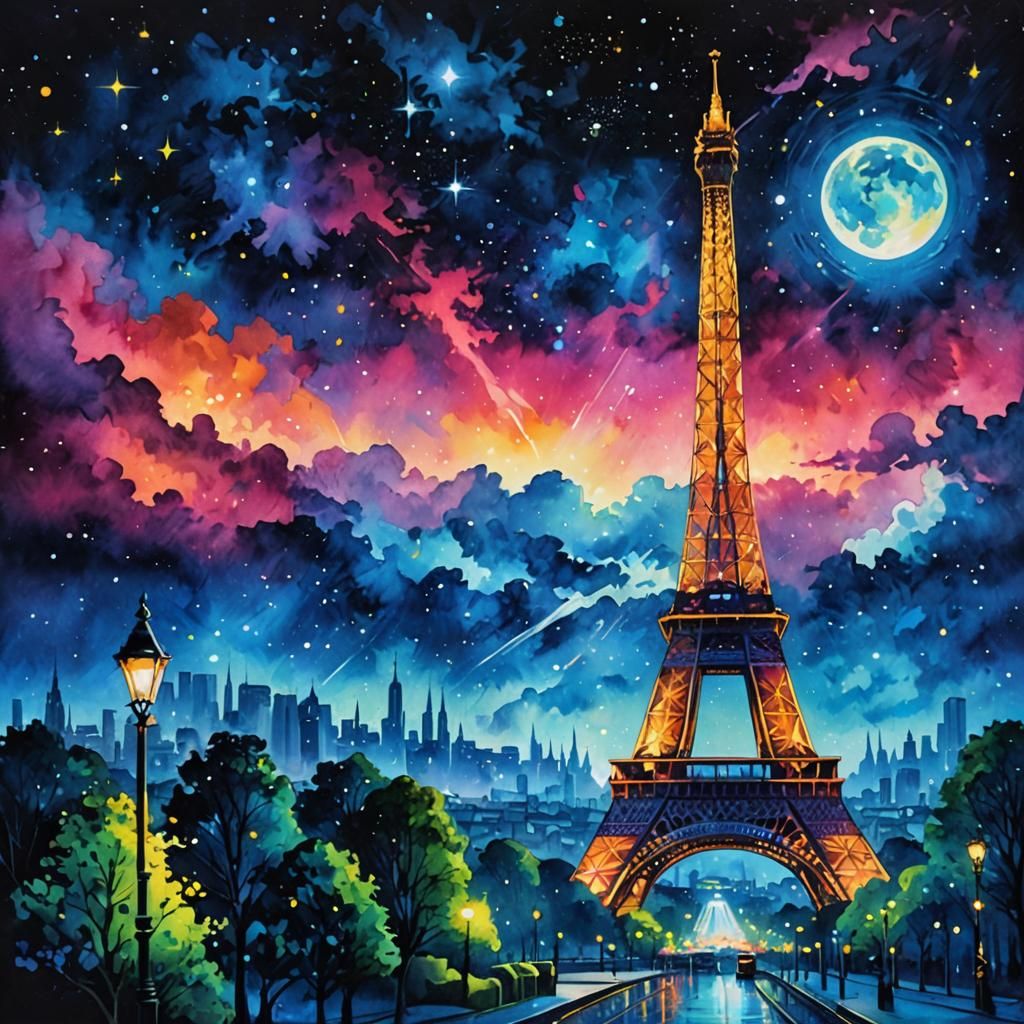 Eiffel Tower Starry Night Watercolor Landscape