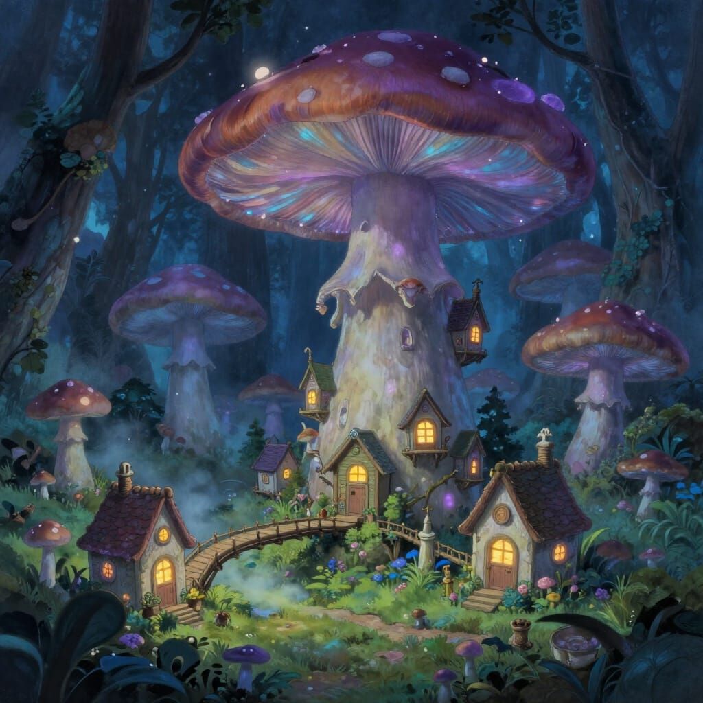 Whimsical Teacup Town in Bioluminescent Mushroom Forest