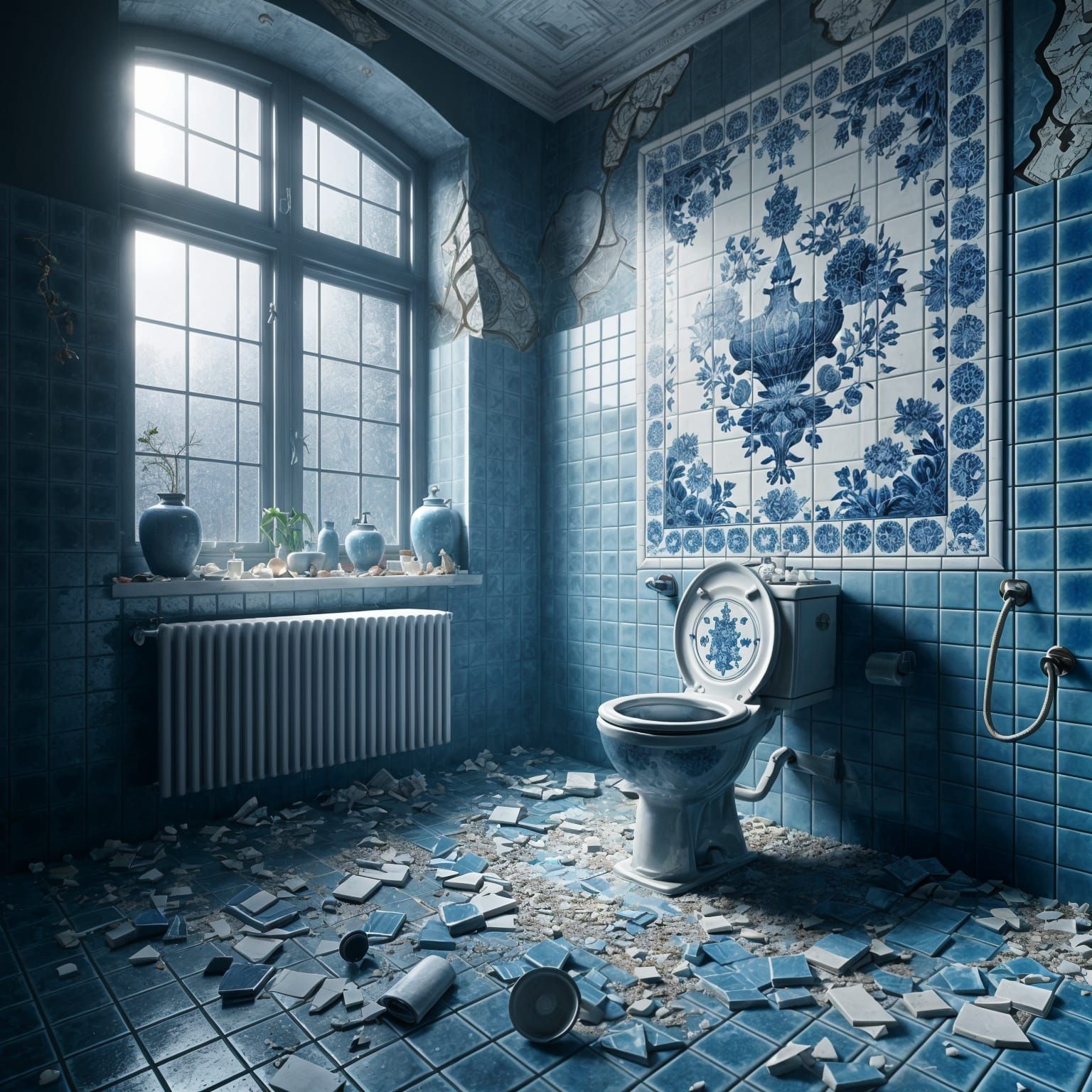 Broken Delftware Toilet in Ruined Tesselation Bathroom
