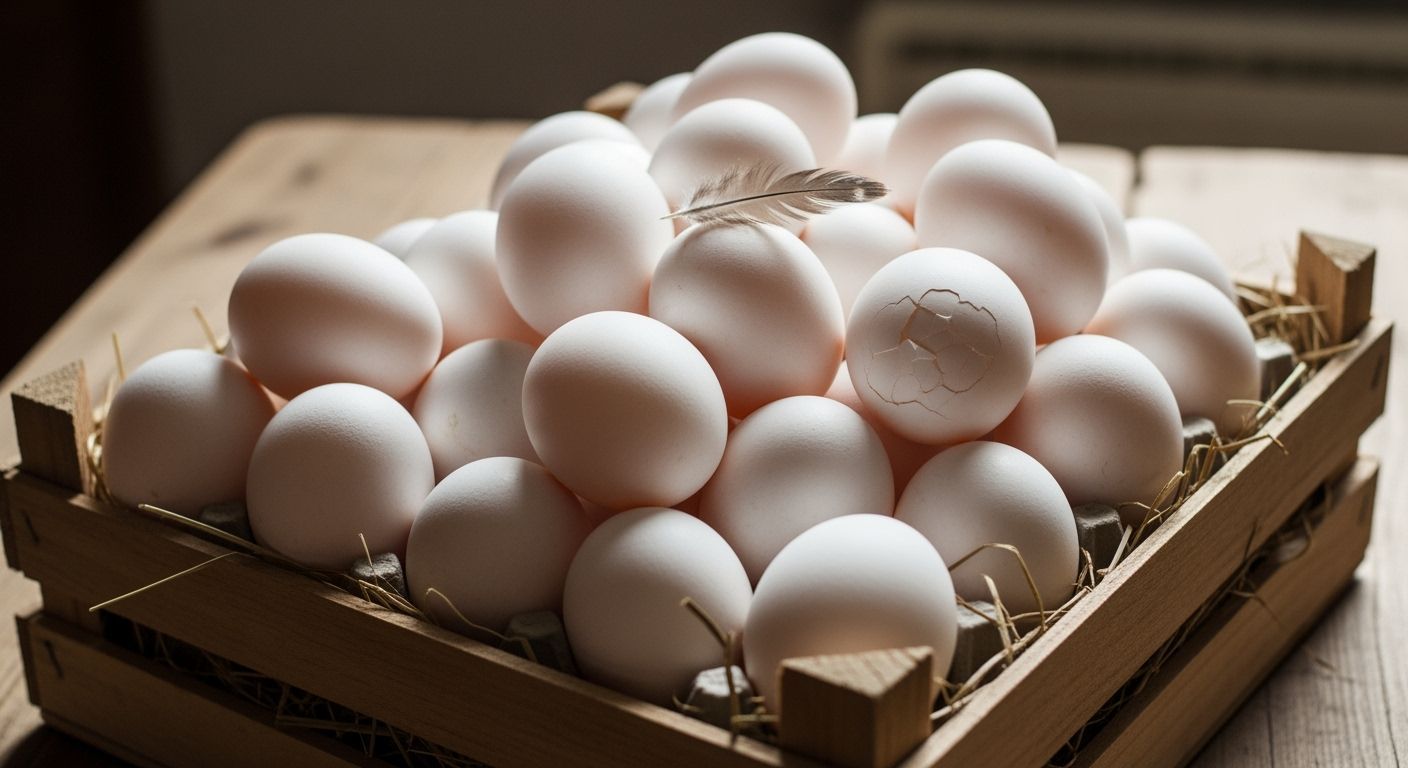 Overflowing Crate of One Hundred Chicken Eggs