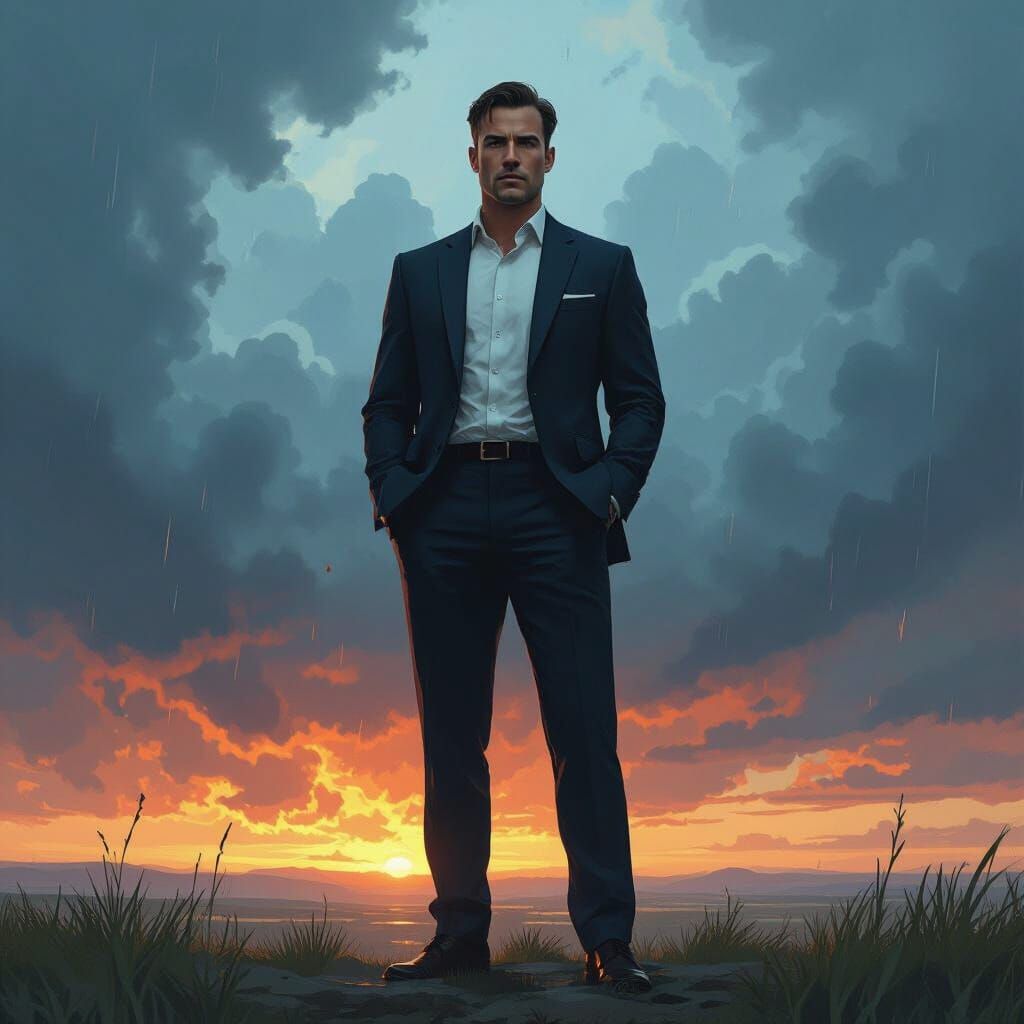 Courageous Leader Against Stormy Landscape, Digital Art