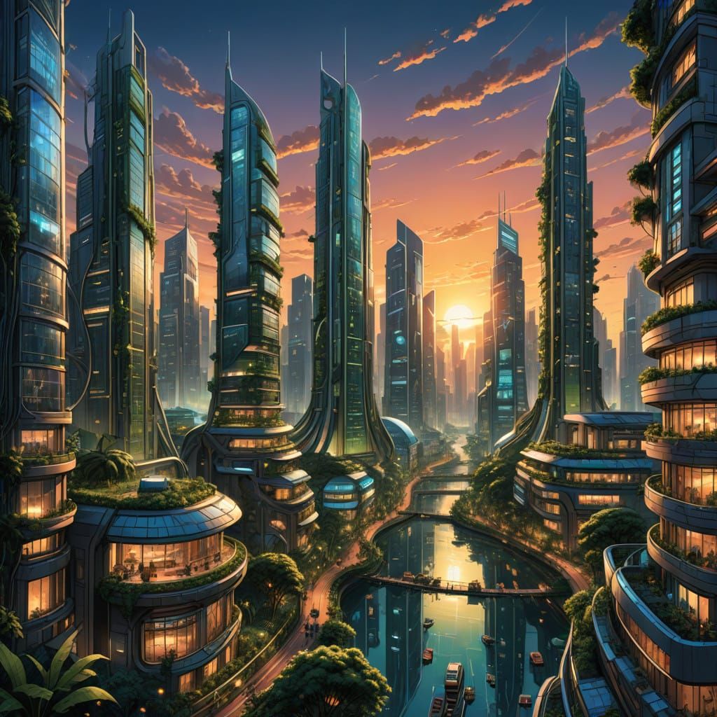 Surreal Eco Utopia Cityscape at Dusk