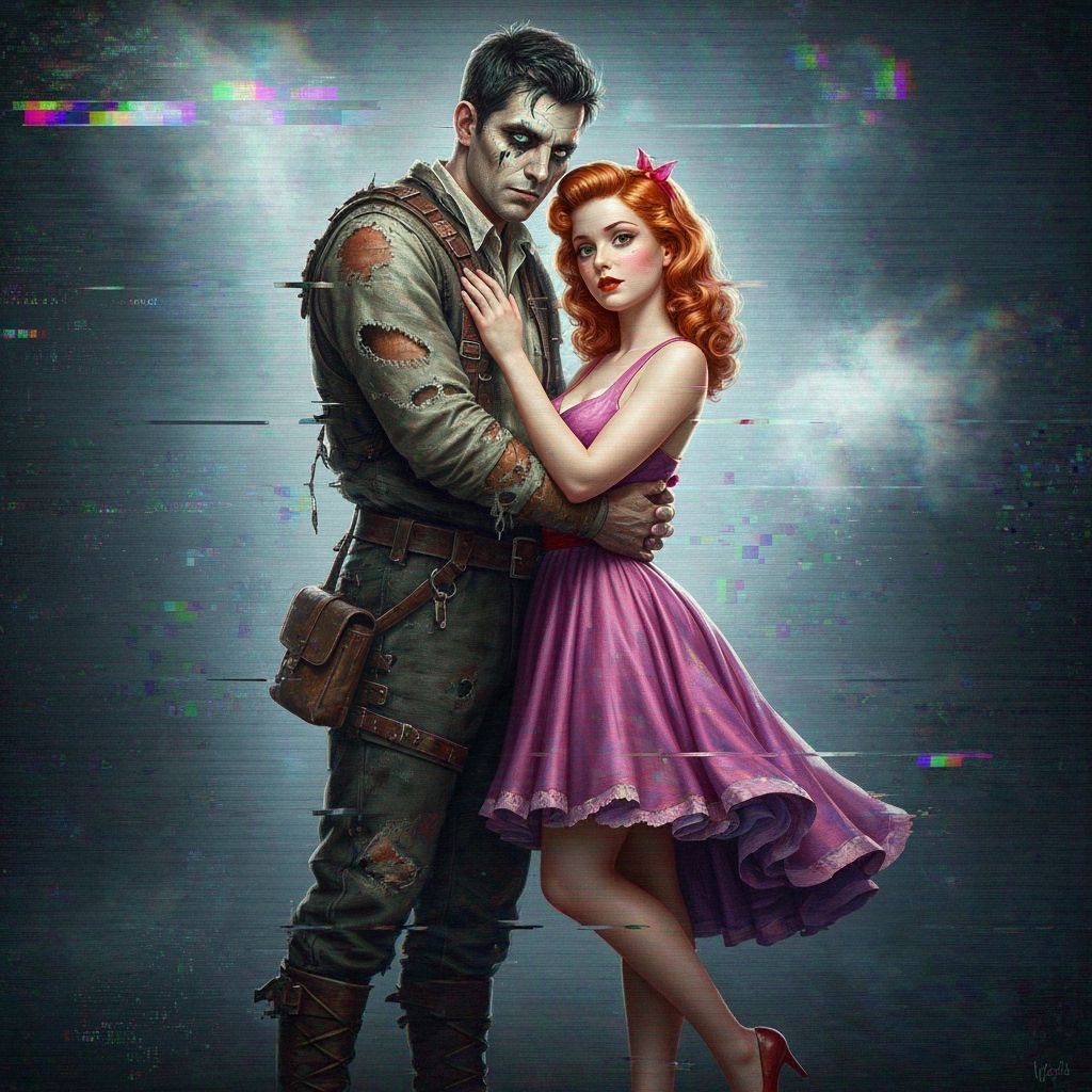 Distorted Embrace: Glitch Art of Adventurer and Pin-up Girl