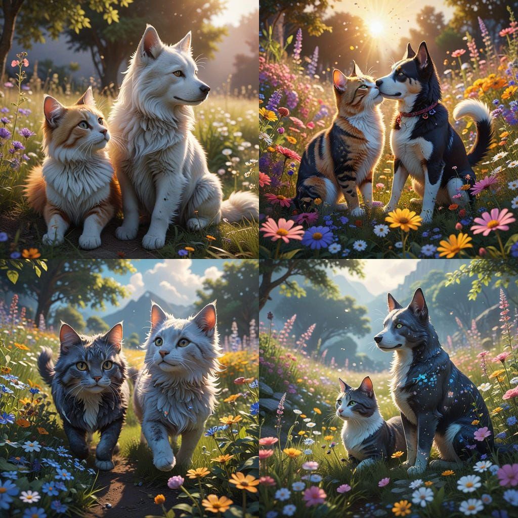 Feline and Canine Friends Bask in Vibrant Wildflower Field