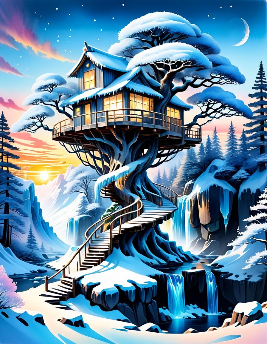 Winter Treehouse: A Watercolor Masterpiece