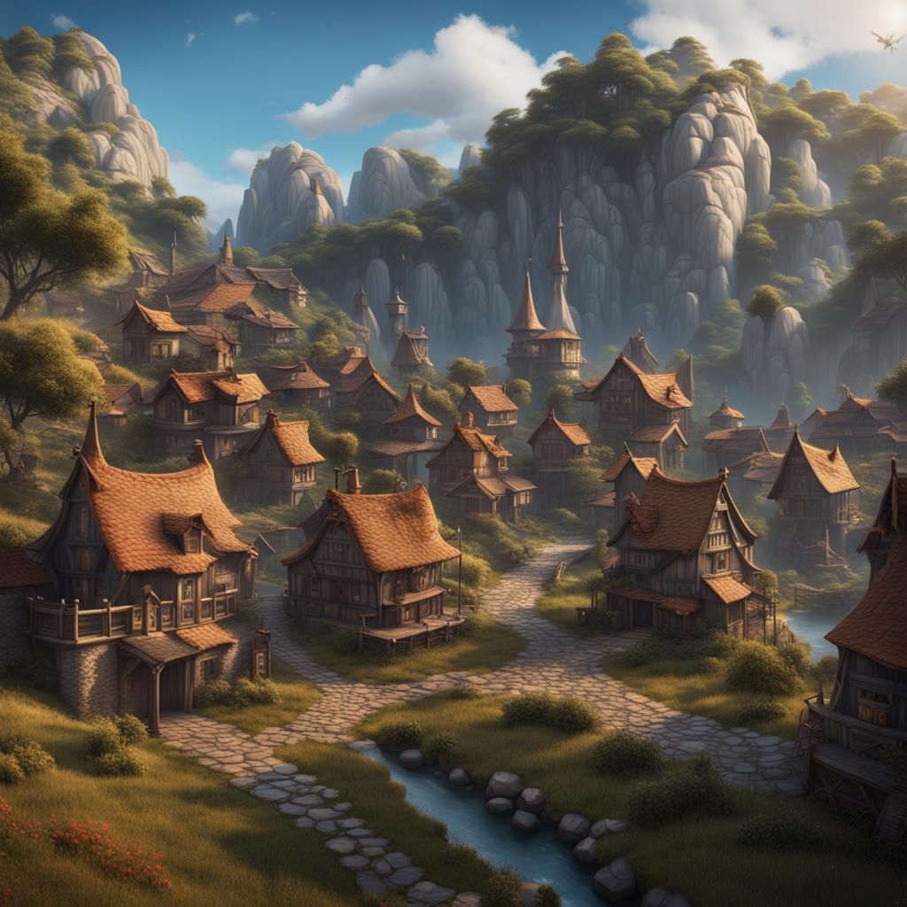 Fantasy Village in Mountain Foothills: Detailed Matte Painti...