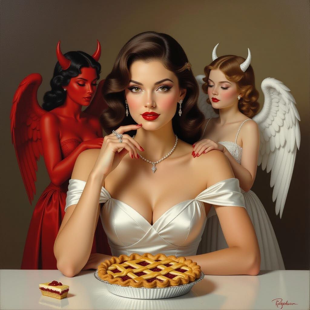 Woman Contemplating Pie with Angel and Devil, Photorealistic