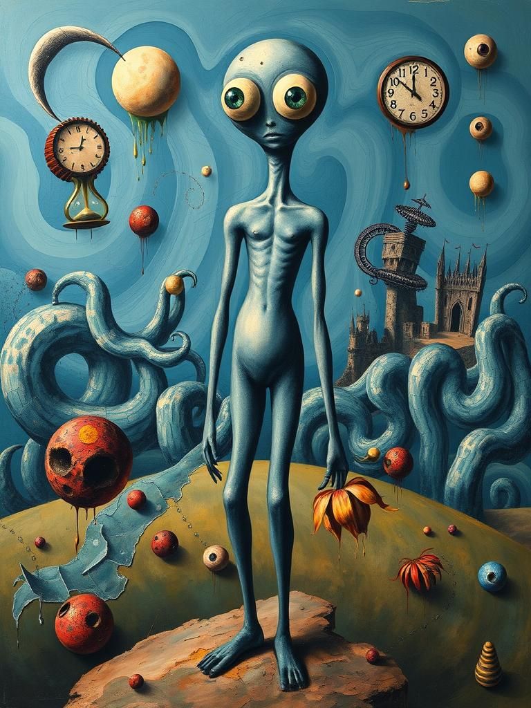 Surreal Humanoid Figure in Dreamlike Landscape