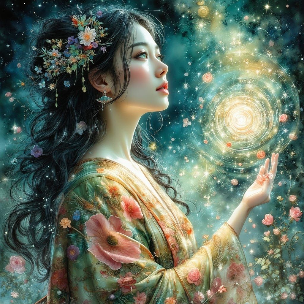 Enchantress Gazing at Cosmic Night Sky in Painterly Fantasy ...
