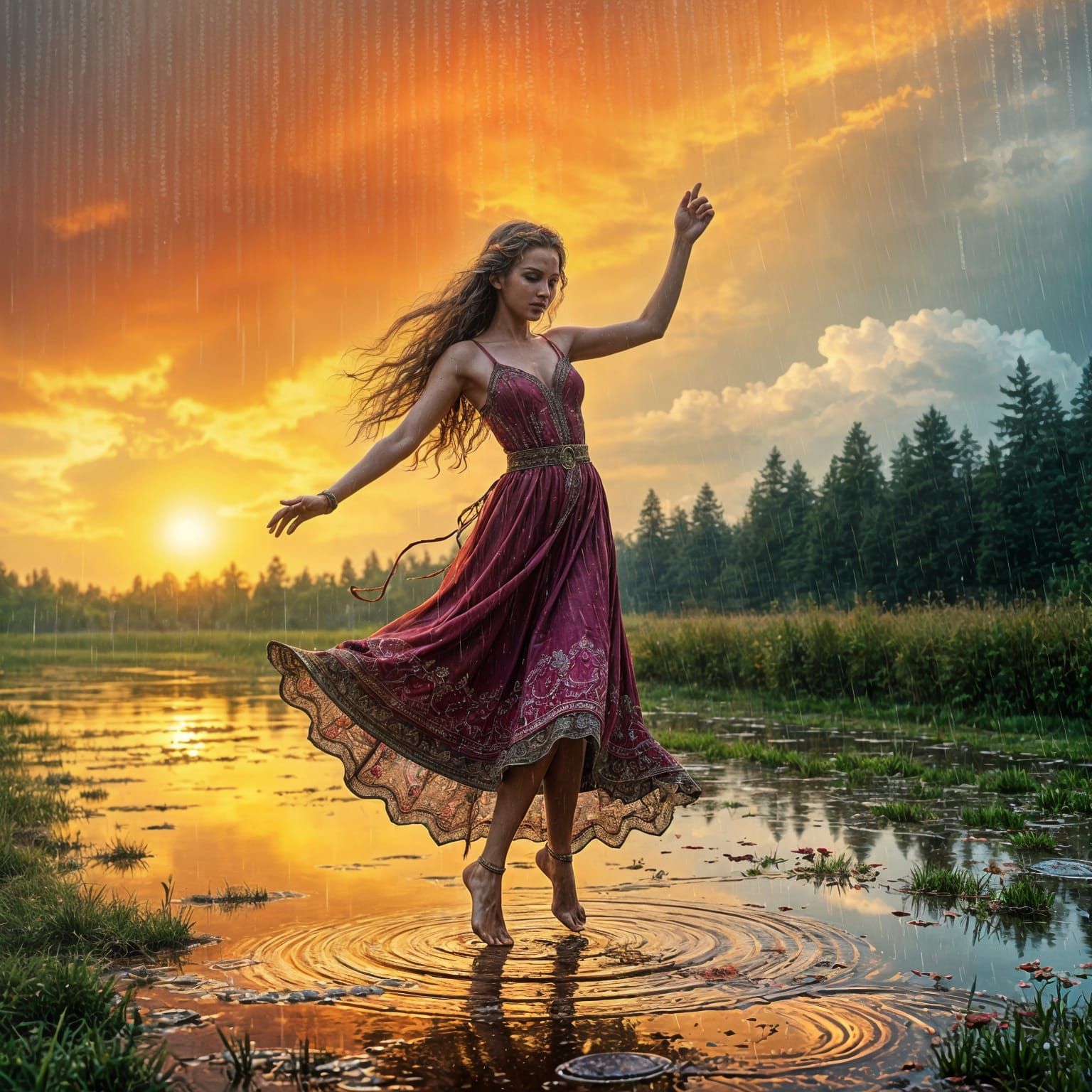 Ethereal Elf Maiden Dancing in Vibrant Rain