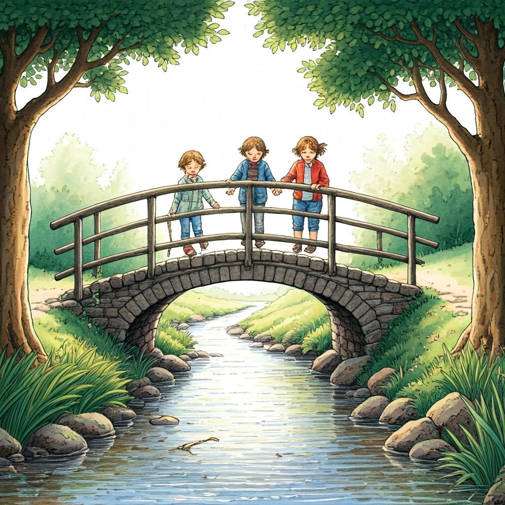 Children Playing by Stream in Picture Book Style