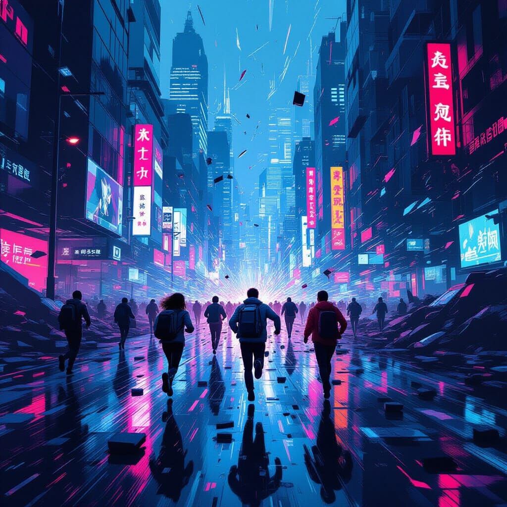 Frenzied Futuristic Cityscape with Neon Lights