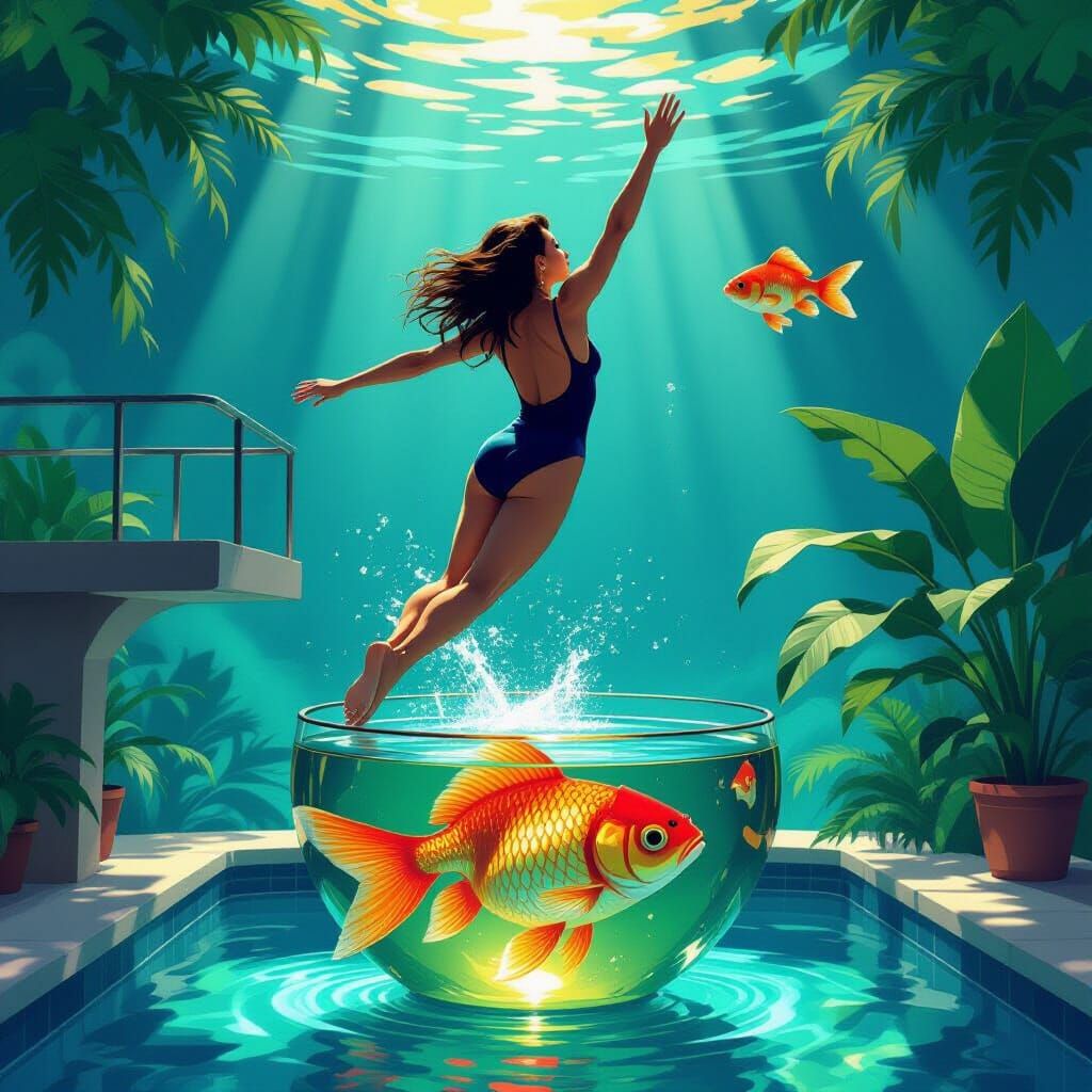 Woman Diving into Goldfish Tank, Dreamlike Digital Art