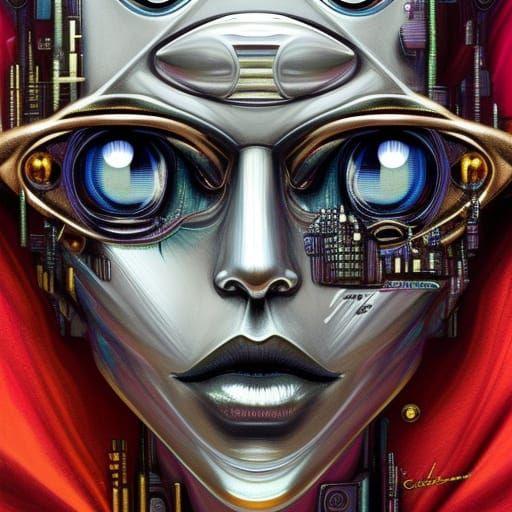 Robot with Human Face in Cyberpunk Cityscape