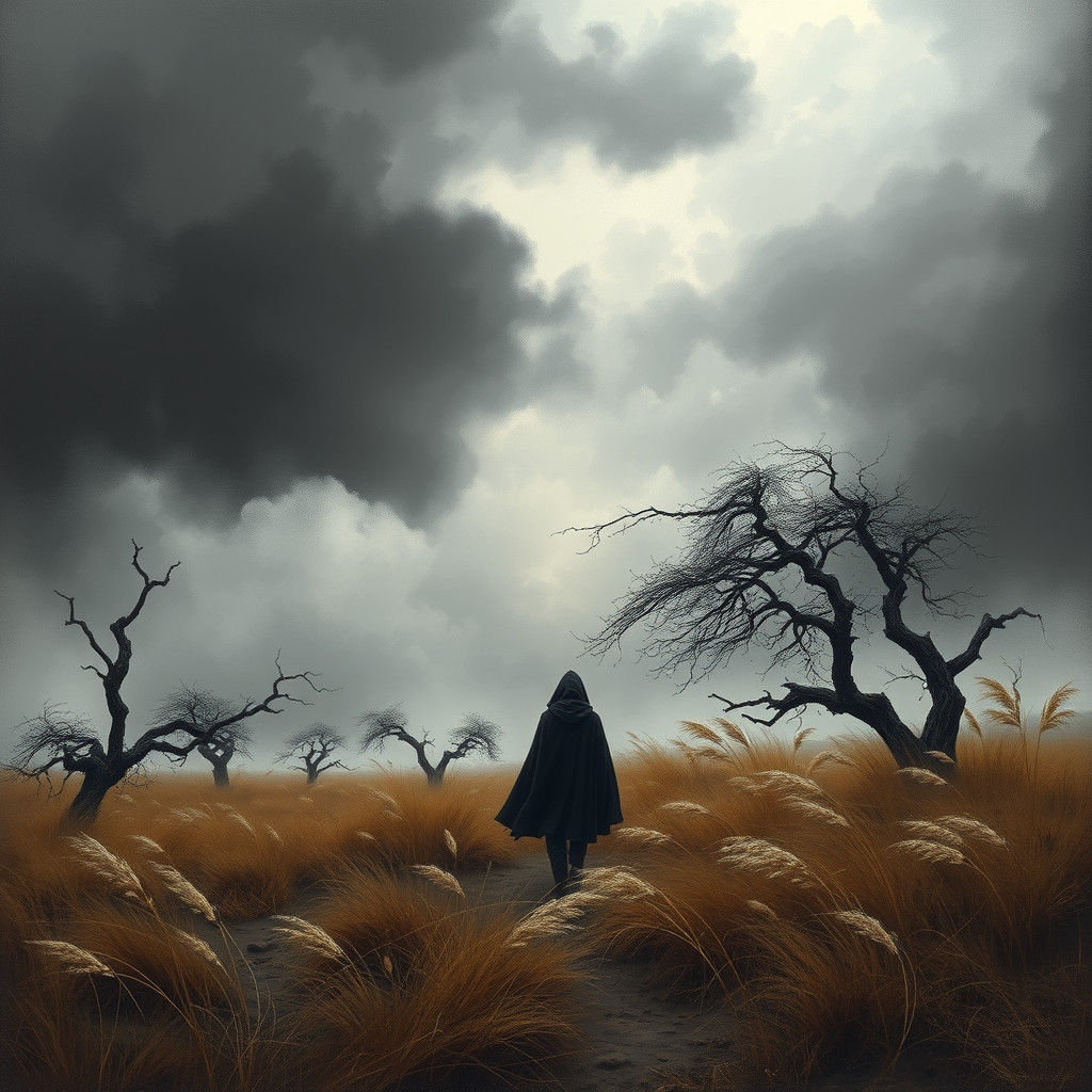 Windswept Figure in Tumultuous Landscape