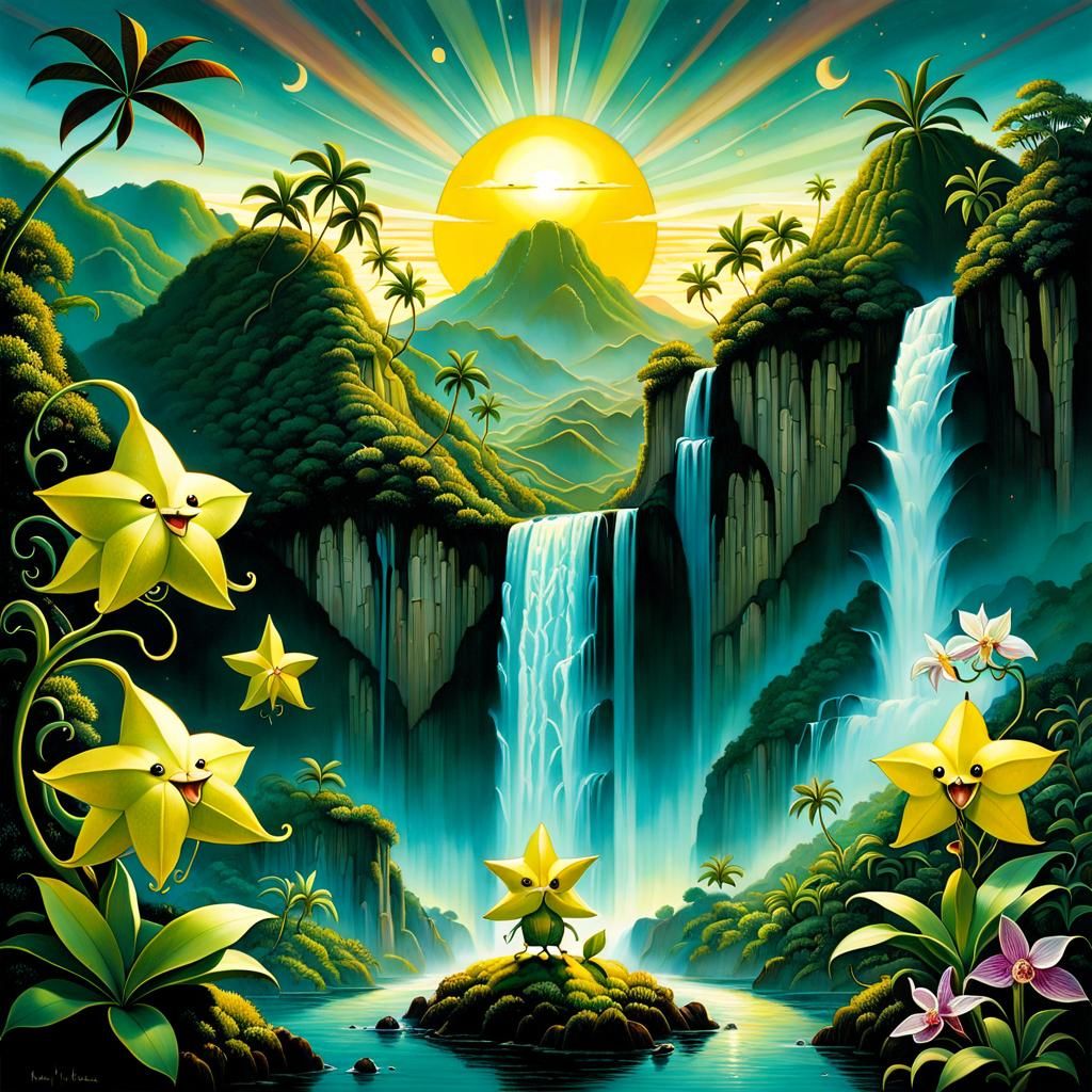 Whimsical Star Fruit Island Sunset in Low-Brow Art