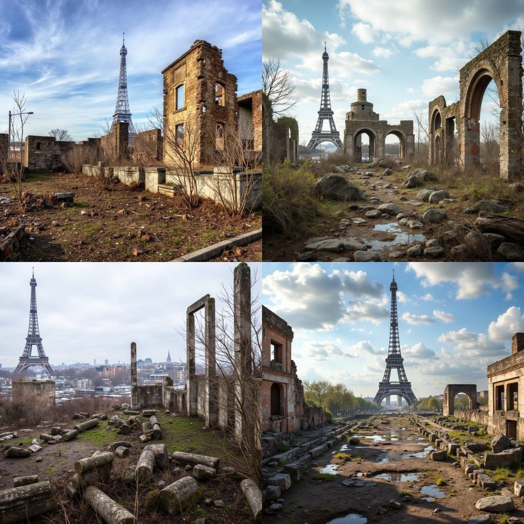 Decayed Paris Ruins with Eiffel Tower in Eraserpunk Style