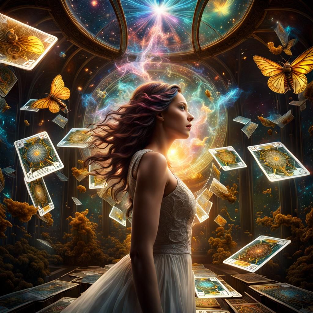 Mystical Tarot Cards Falling in Glass Room