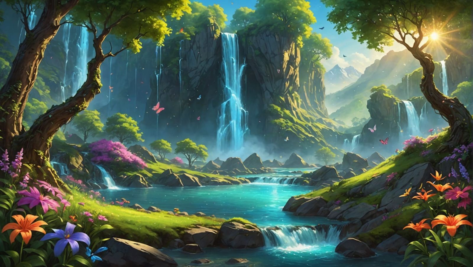 Magical Landscape with Waterfall and Aurora