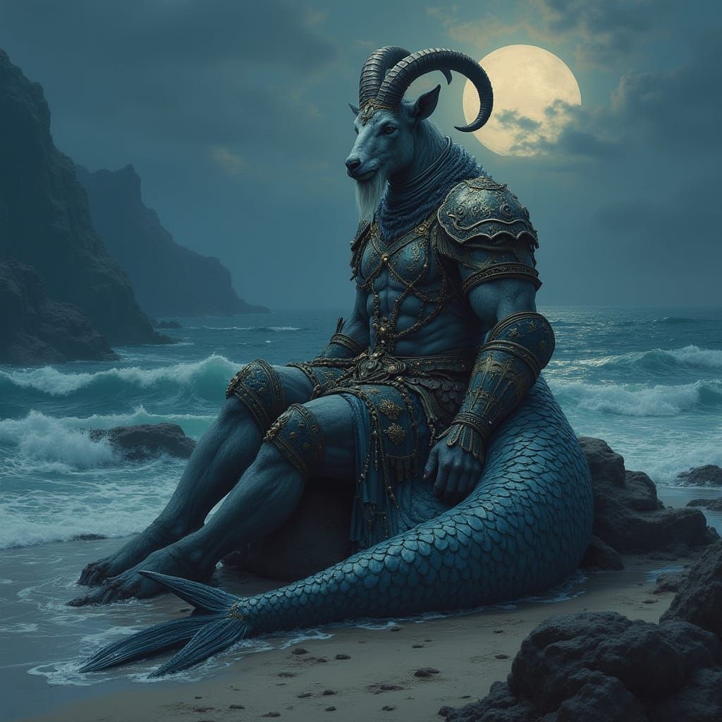 Capricorn Sea Goat Warrior in Moonlit Ocean