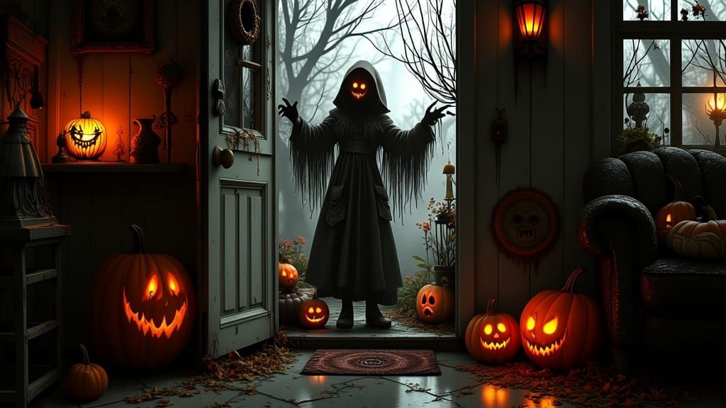Horror Halloween Scene: Trick-or-Treater at Open Door