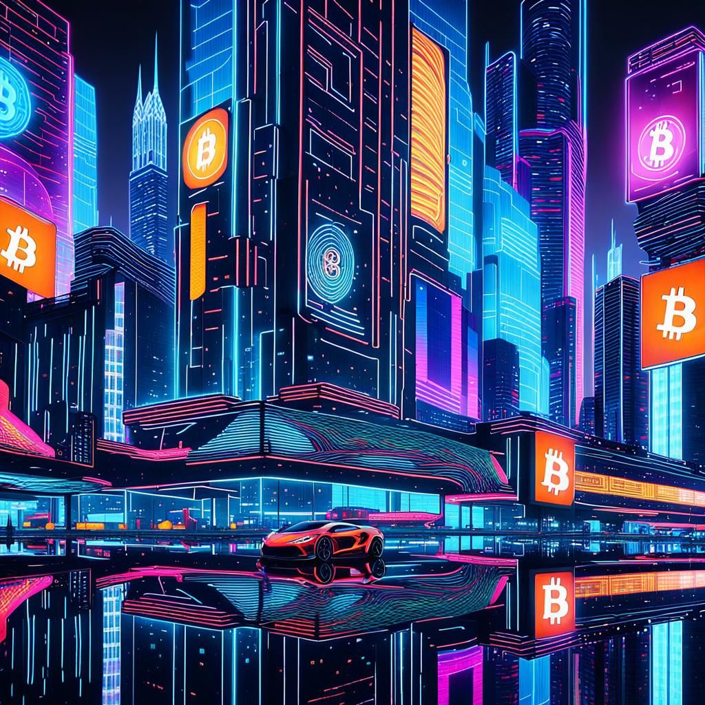 Cyberpunk Cityscape with Bitcoin Logos and Neon Lights