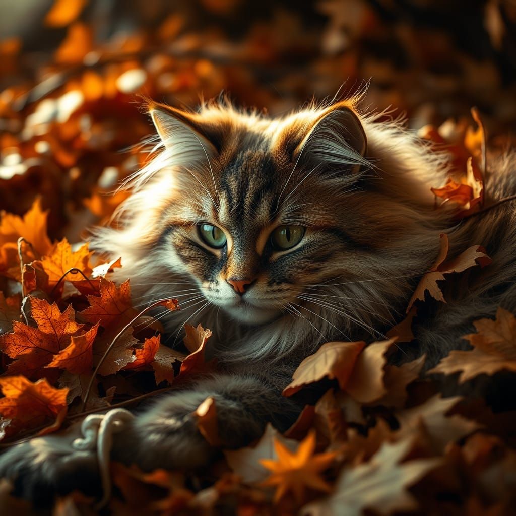 Cat Lounging in Autumn Leaves, Hyper-Realistic Photography