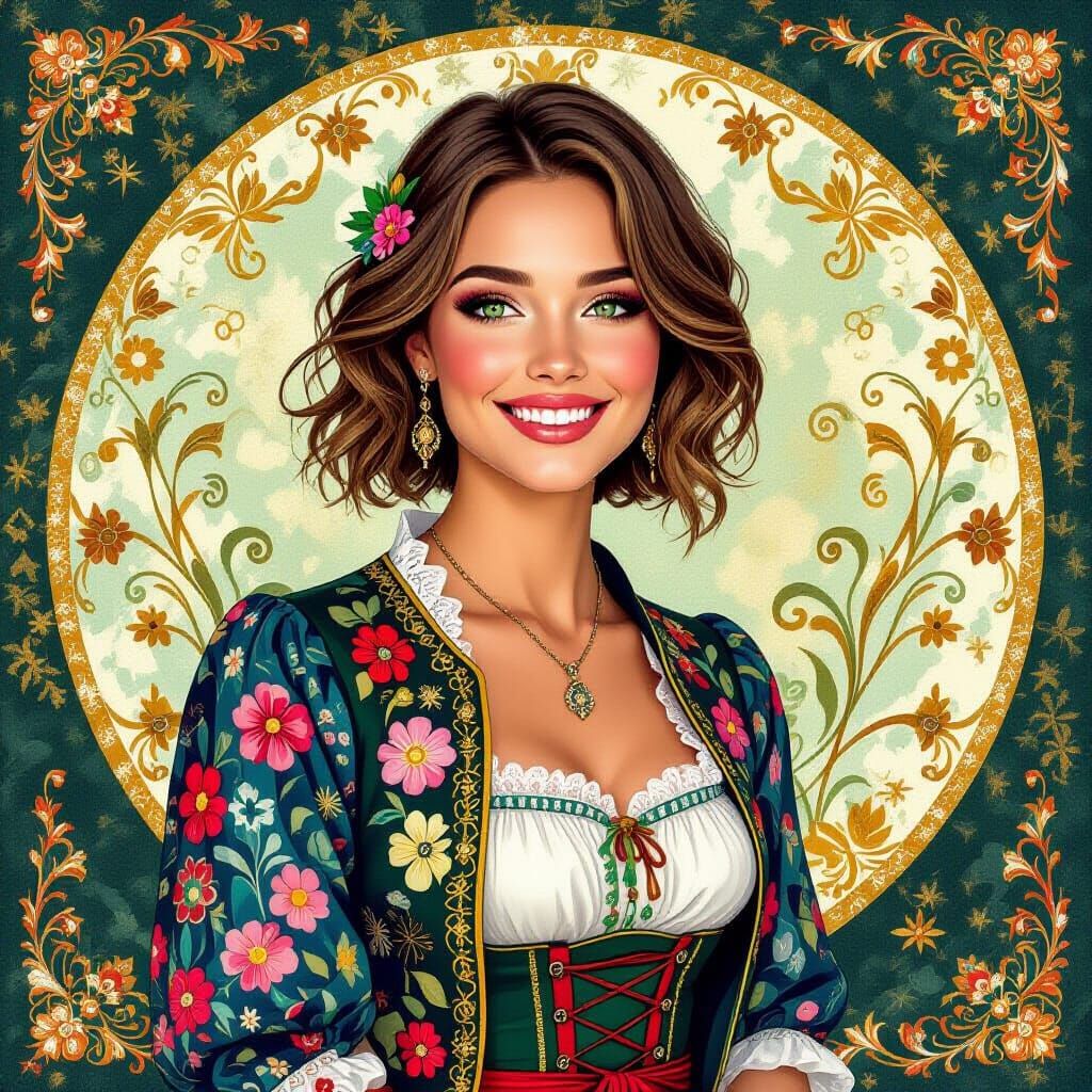 Bavarian Woman in Floral Jacket, Klimt & Mucha Style
