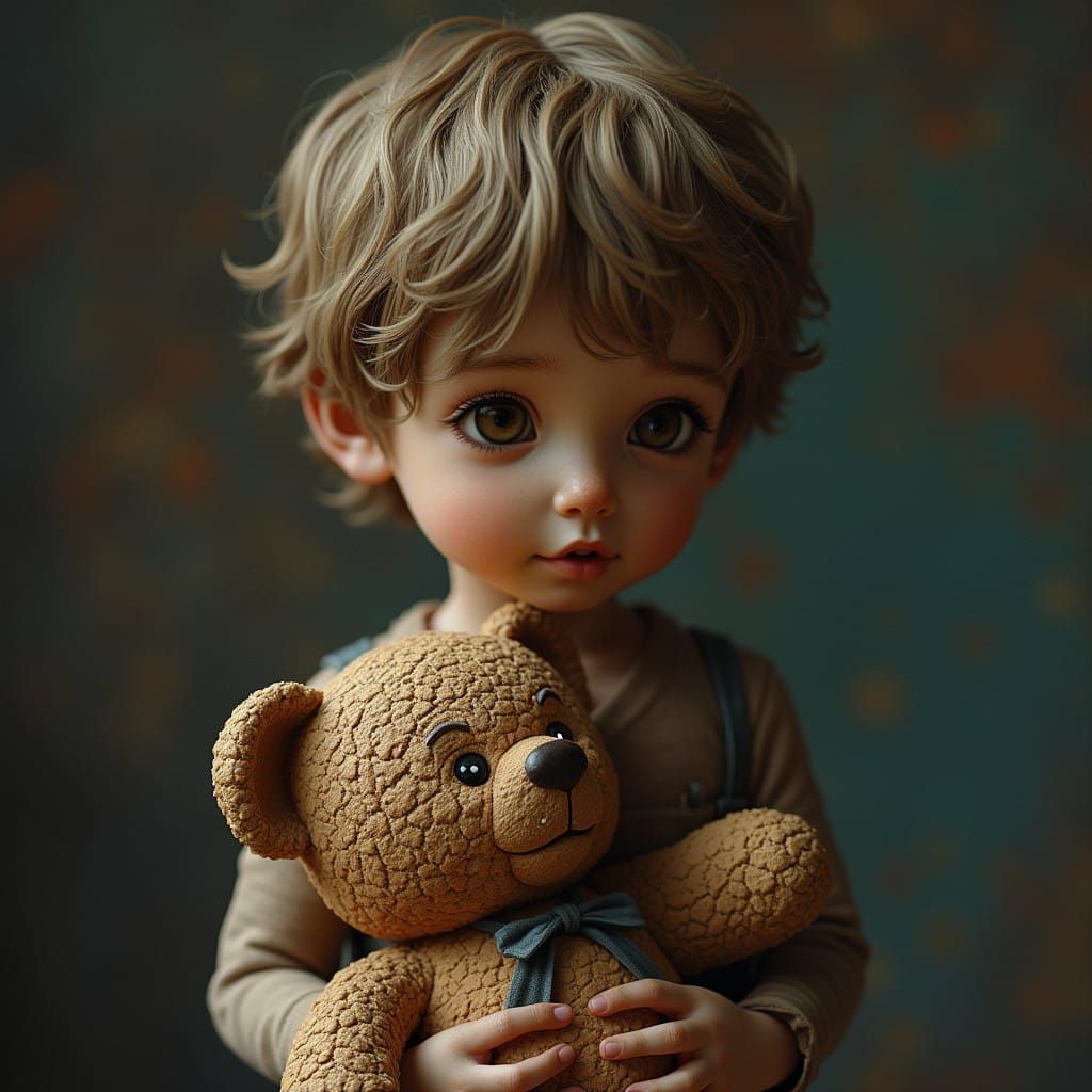 Hyperrealistic Clay Sculpture of Boy with Teddy Bear