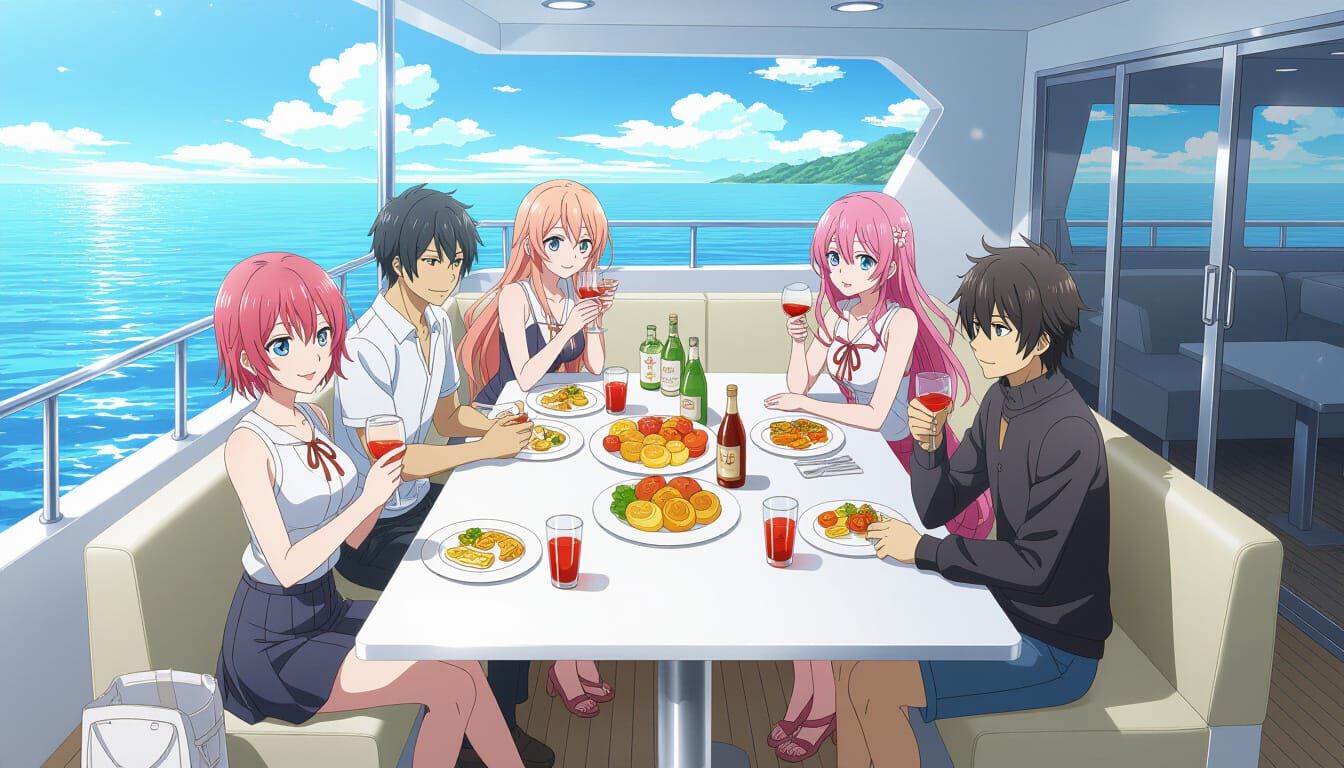 Yacht Party with Friends in Anime Style