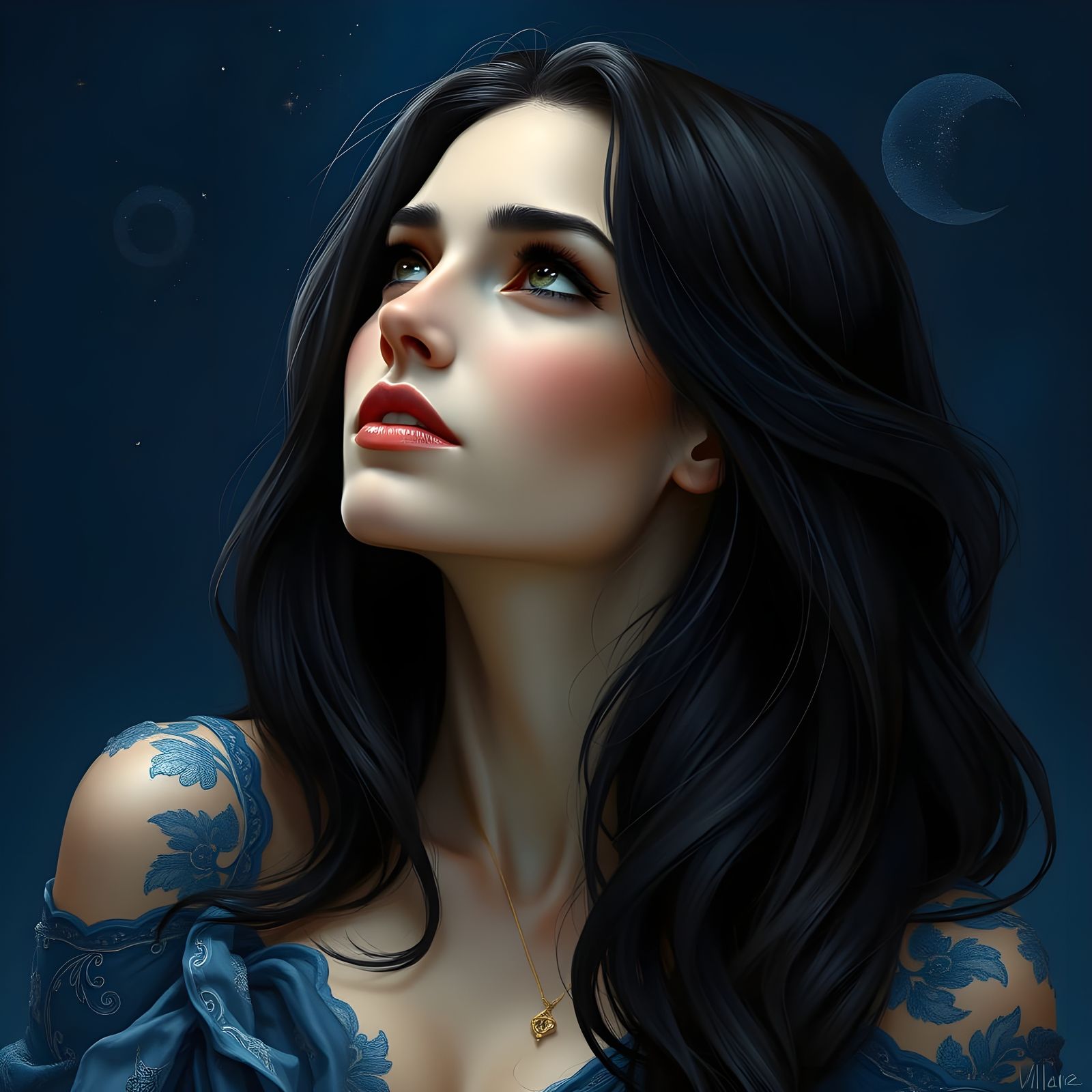 Gorgeous Norse Moon Goddess Looks Up to the Stars in Dark Bl...