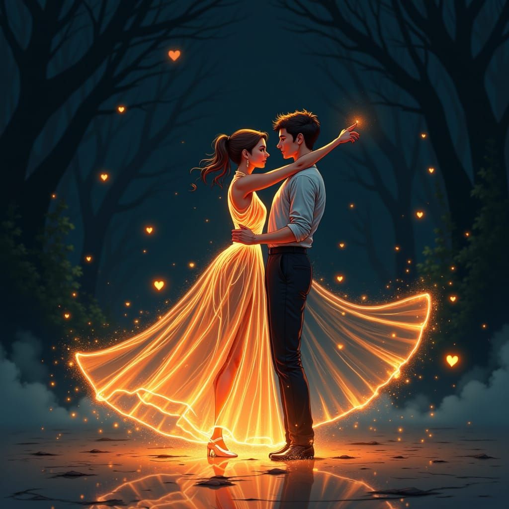 Luminous Line Art Couple Dancing in Light Trails