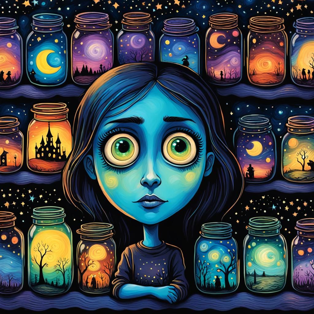 Gothic Character with Jars of Luminous Dreams