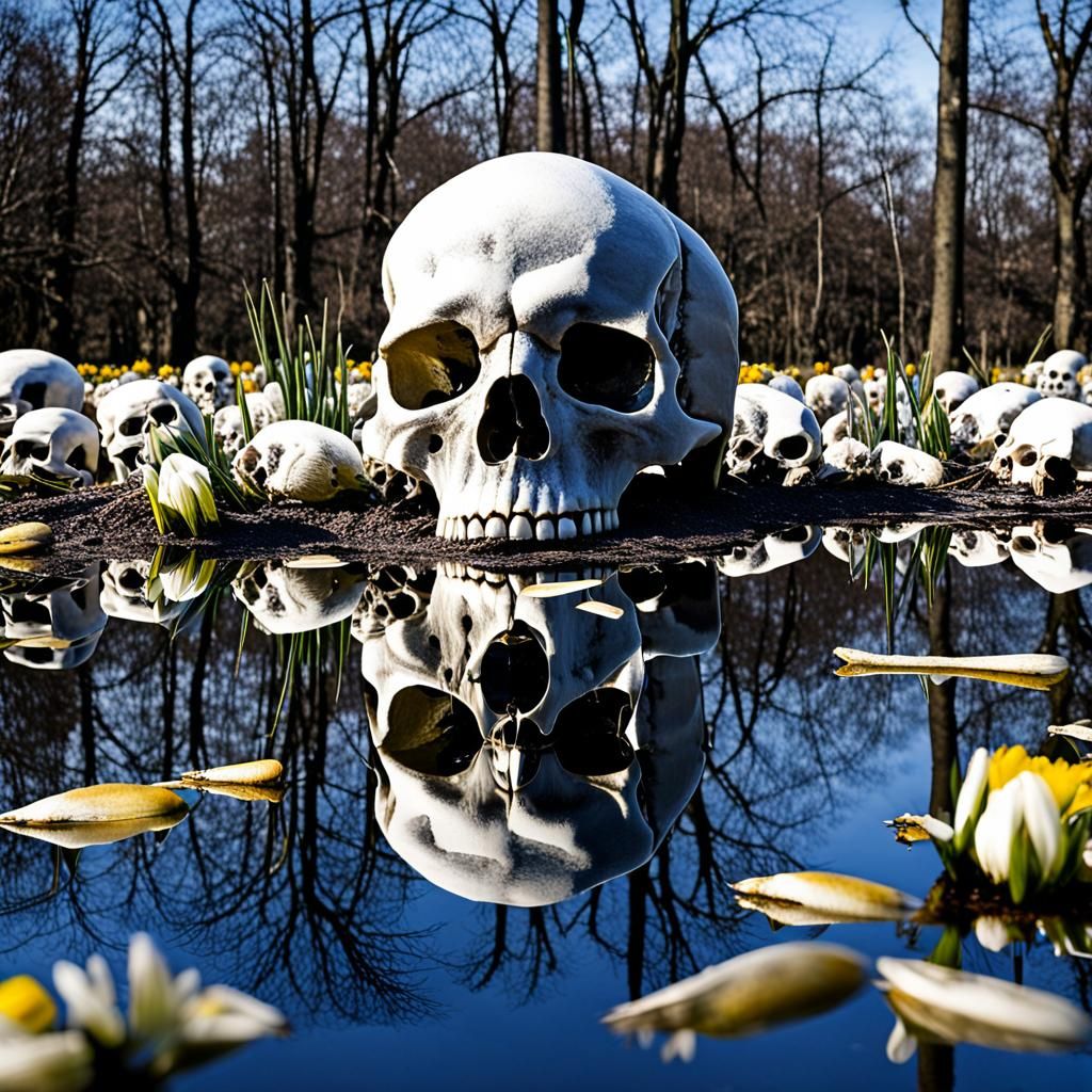 Skulls Emerge with Spring Bulbs from Mirror