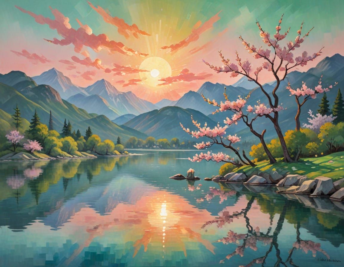 Spring Sunrise Mountain Lake in Cézanne Style