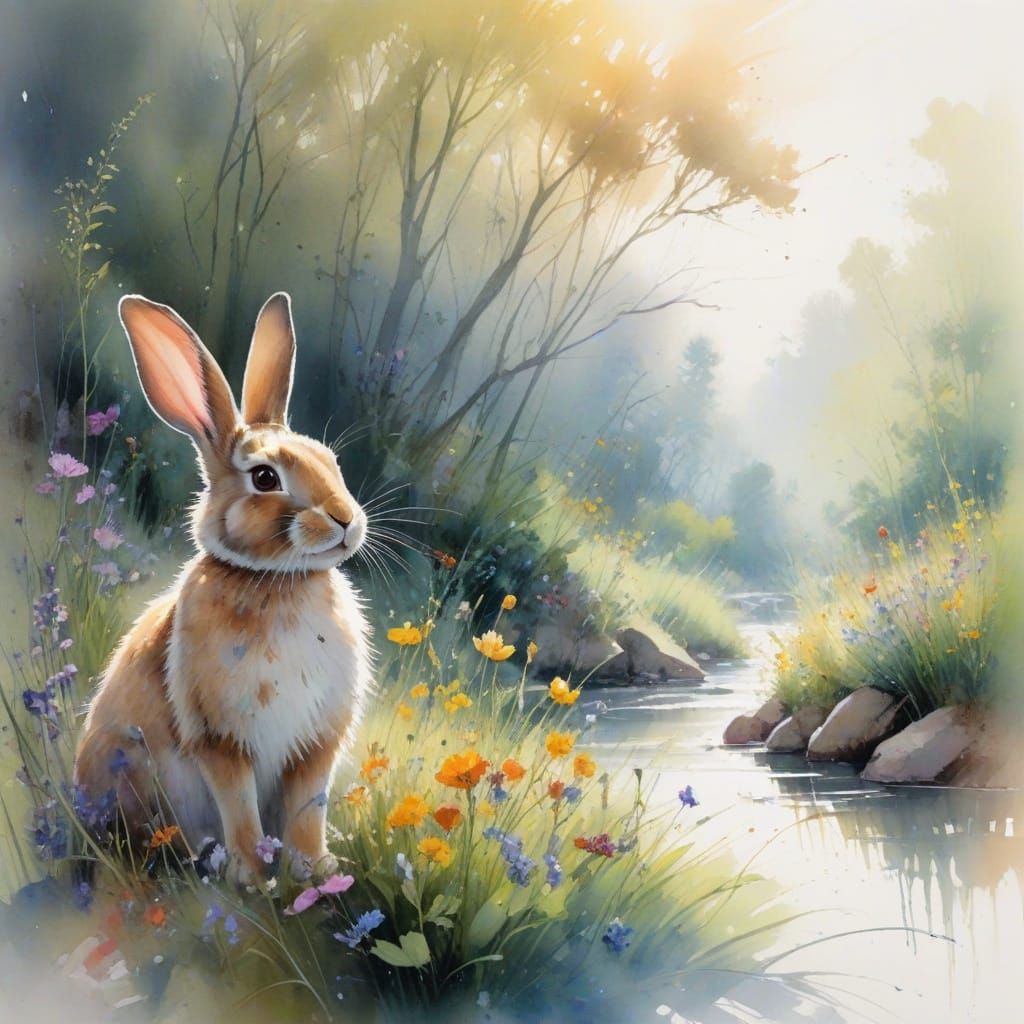 Whimsical Rabbit in Enchanted Sunlit Glen