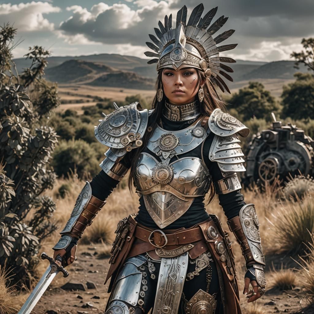 Aztec Warrior Woman in Silver Armor with Sword