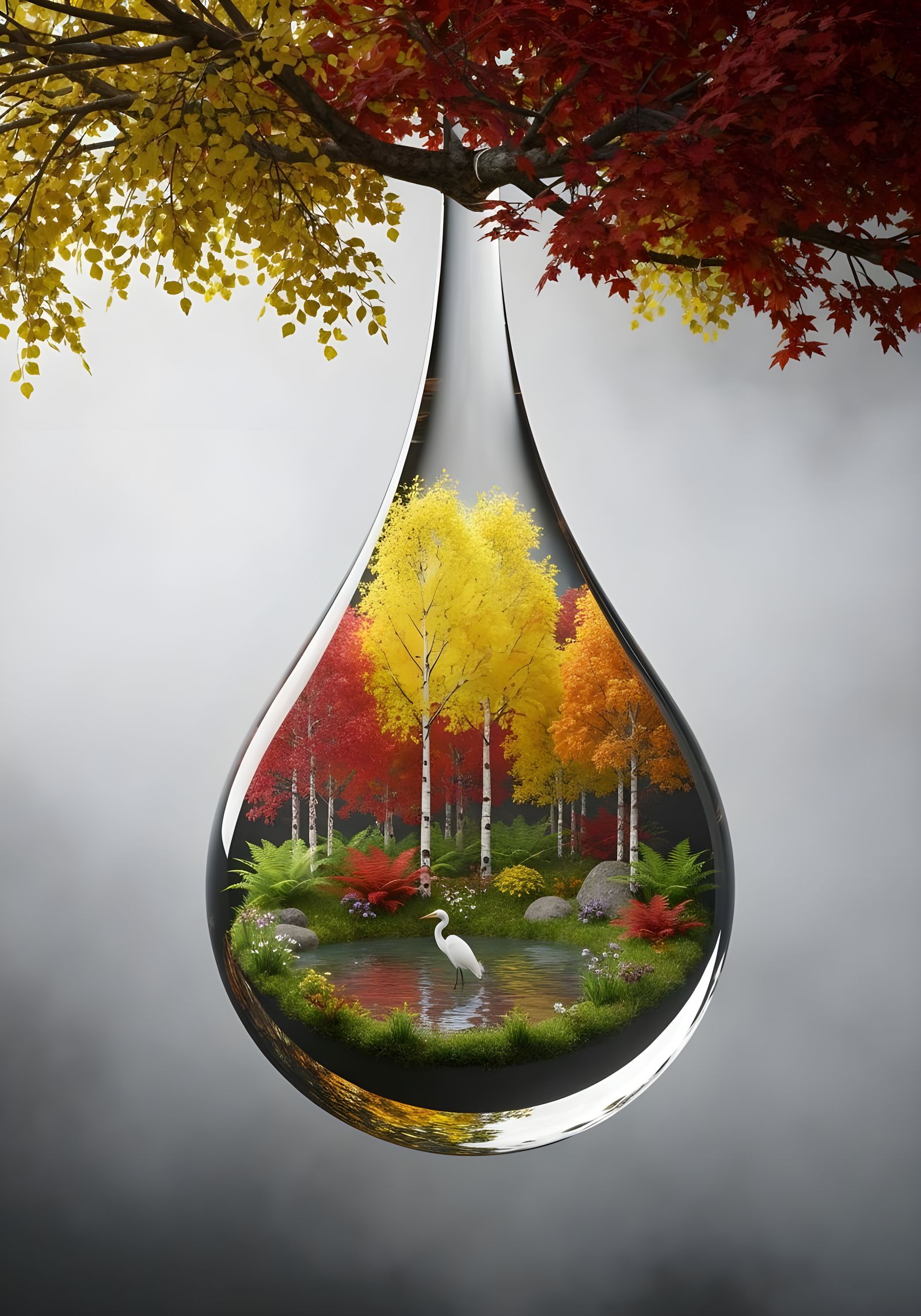 Autumn Forest Diorama Inside Water Drop