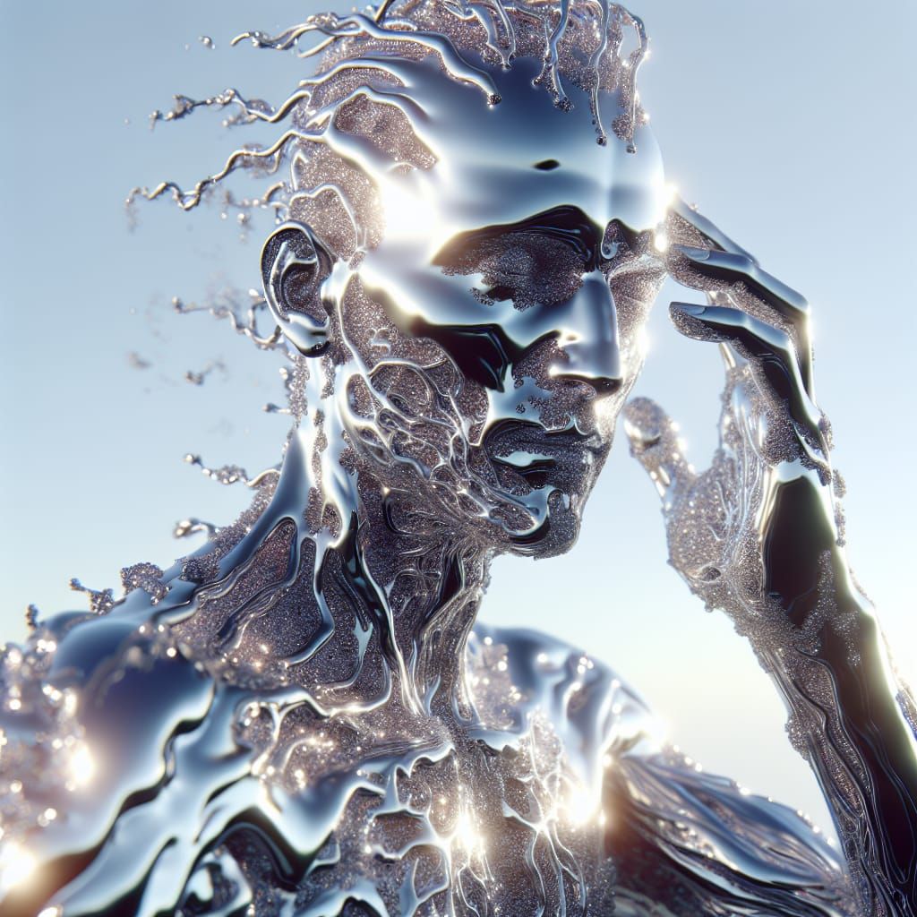 Chrome Man in Surreal, Hyper-Realistic Scene