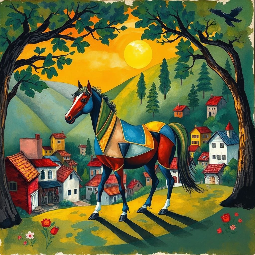 Vibrant Horse in Whimsical Cubist Village