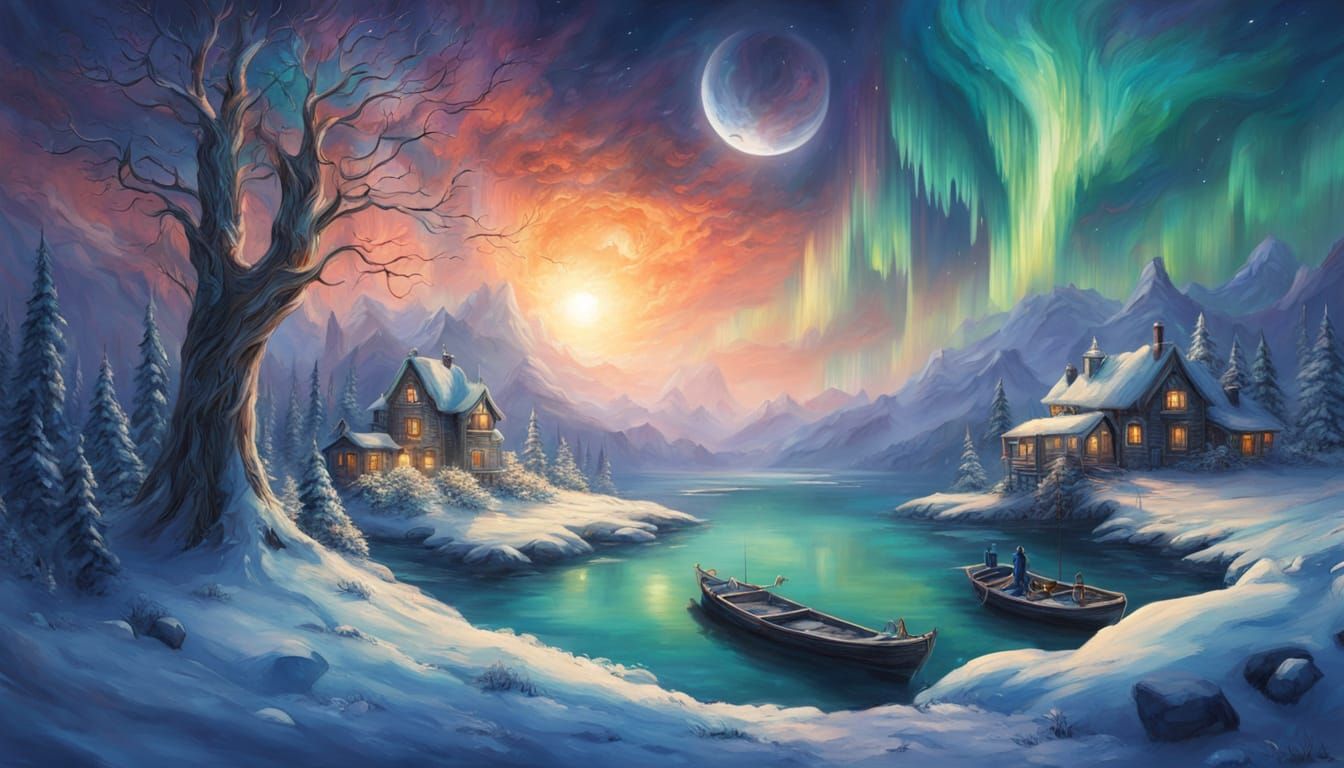 Fantasy Winter Cityscape With Northern Lights and World Tree