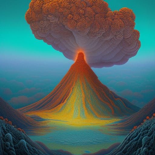 Surreal Volcano Landscape with Birds and Flowers