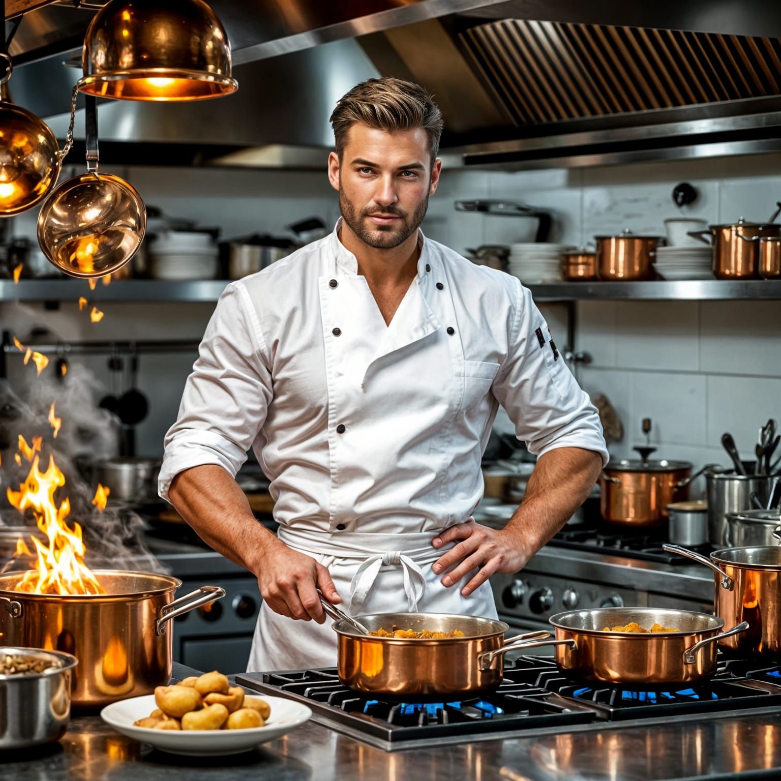 Chef in Kitchen, Vargas Pinup Style