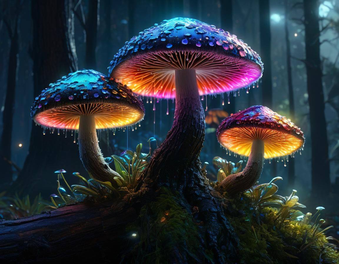 Luminescent Mushrooms Under Moonlight: Fantasy Digital Art