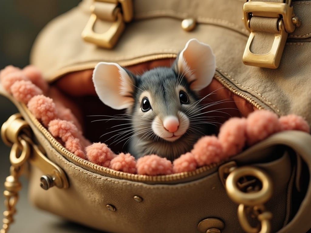 Whimsical Mouse Peeks from Luxurious Handbag in Elegant Beat...