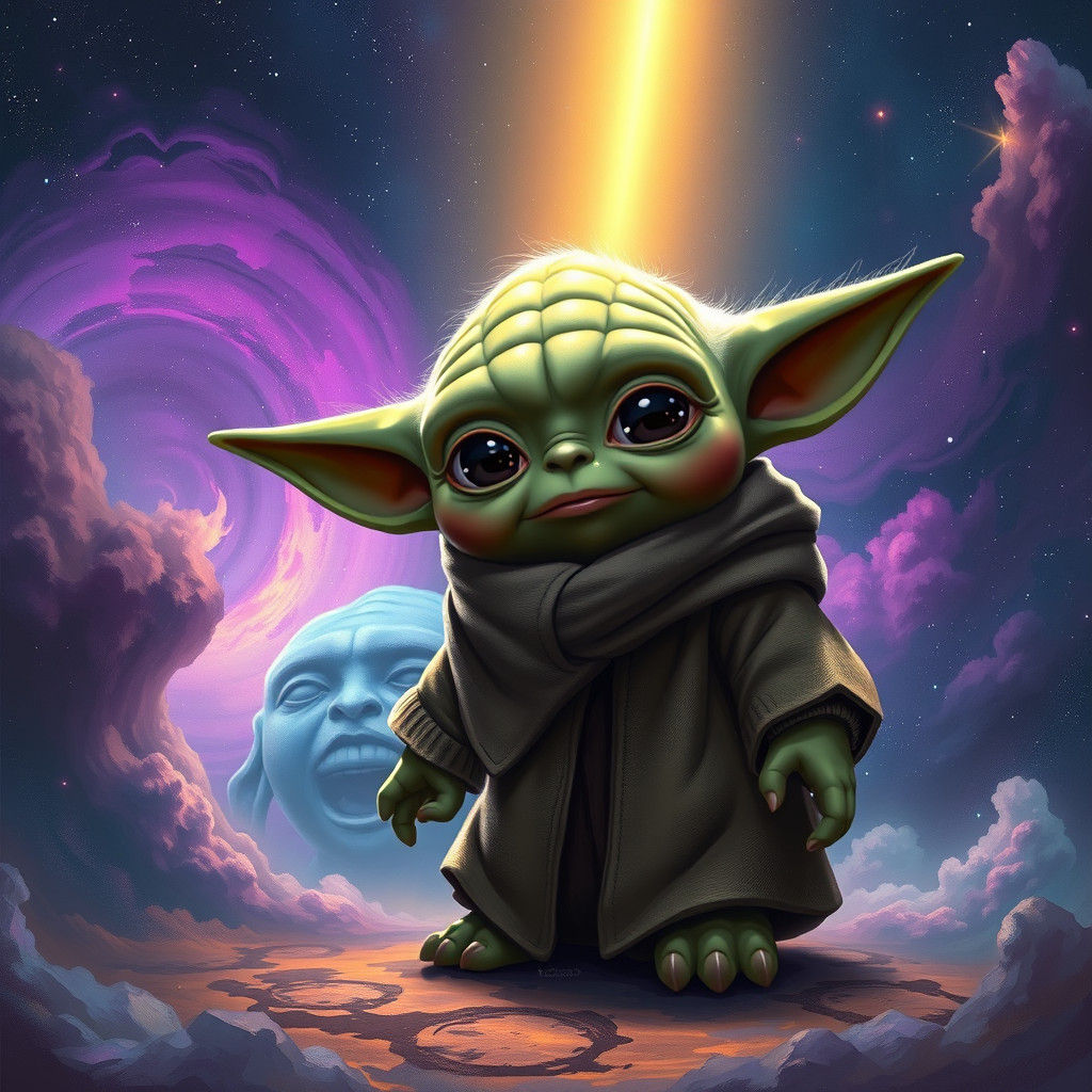 Adorable Yoda in Starry Galaxy: Digital Painting